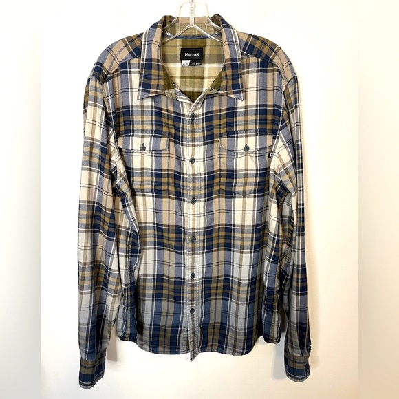 Marmot Men’s Plaid Flannel Button Down Shirt Blue/Tan Size XL - Picture 1 of 6